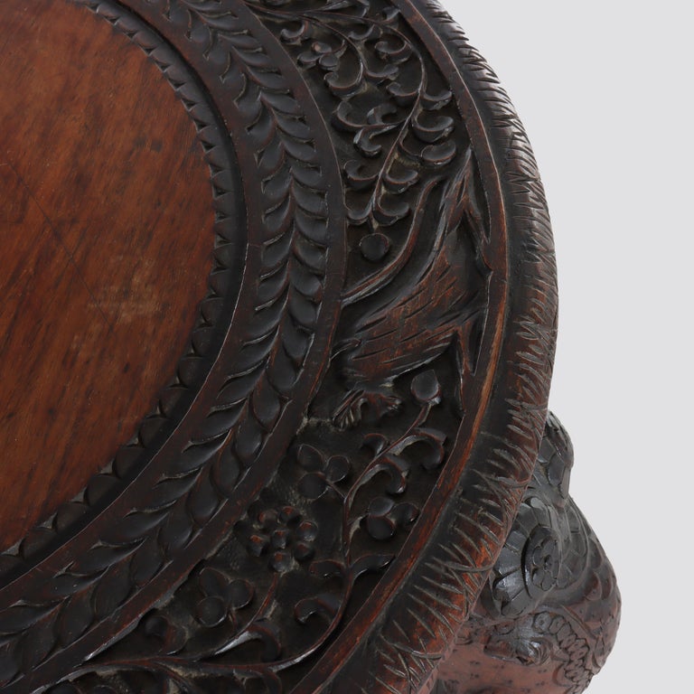 Antique Anglo Indian Figural Carved Rosewood Side Table With Elephants & Figure