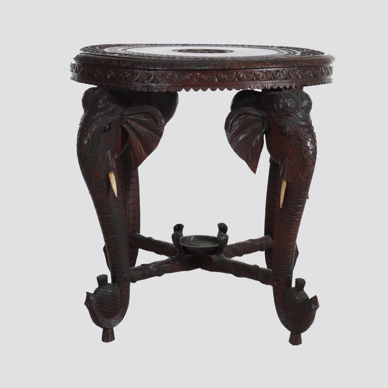 Antique Anglo Indian Figural Carved Rosewood Side Table With Elephants & Figure