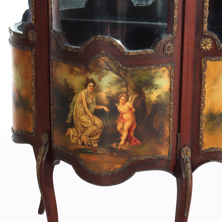 Antique French Mahogany & Ormolu Vitrine With Vernis Martin Panels c1890