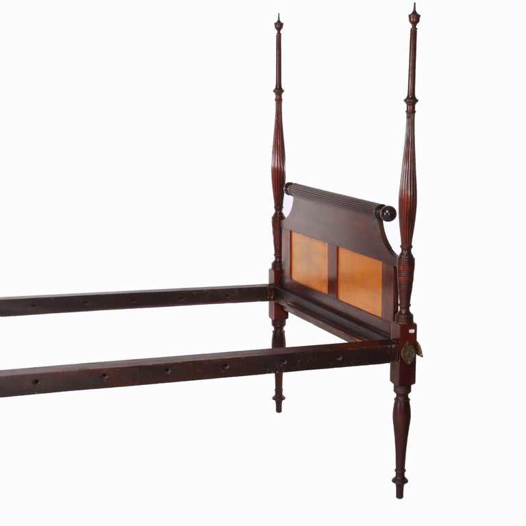 Antique Sheraton Flame Mahogany & Birdseye Maple Pencil Post Bed Frame c1830