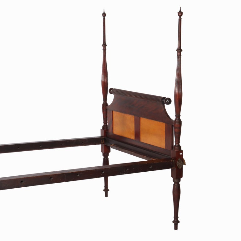 Antique Sheraton Flame Mahogany & Birdseye Maple Pencil Post Bed Frame c1830