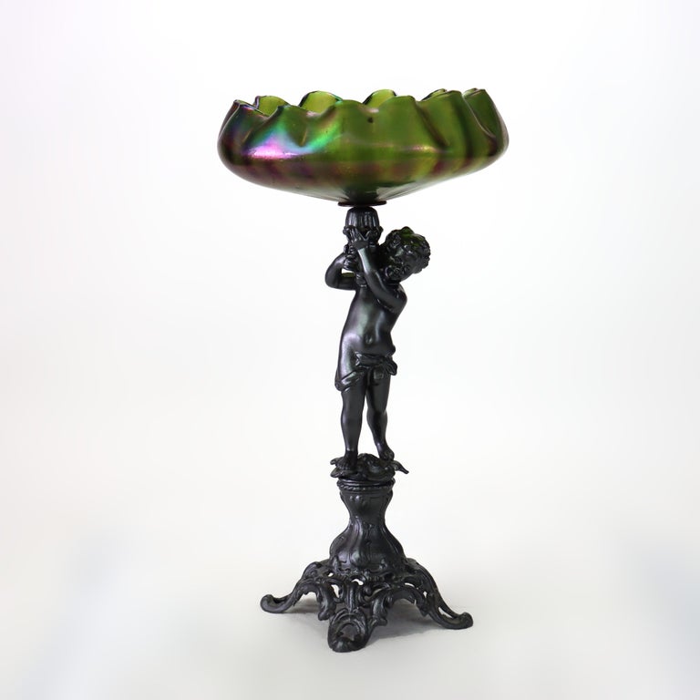 Antique Loetz Art Nouveau Compote With Iridescent Green Glass Bowl c1890