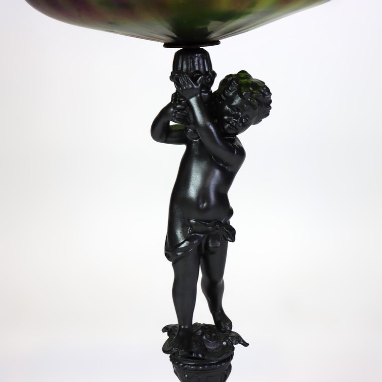Antique Loetz Art Nouveau Compote With Iridescent Green Glass Bowl c1890