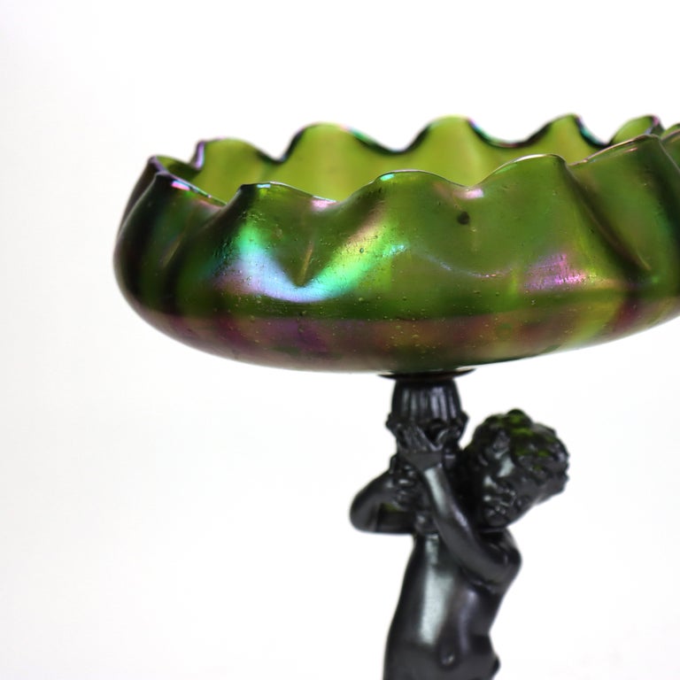 Antique Loetz Art Nouveau Compote With Iridescent Green Glass Bowl c1890
