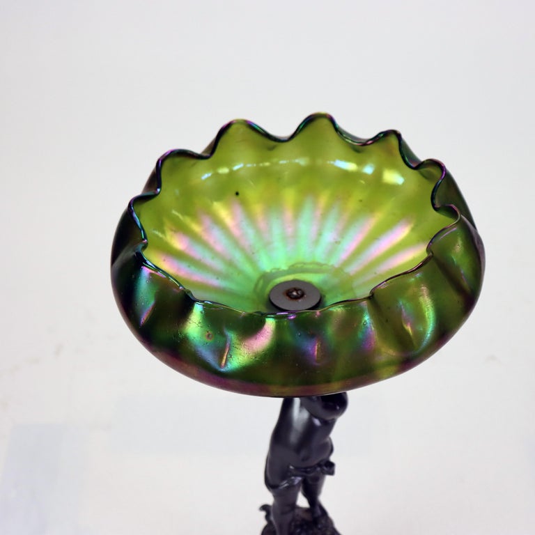 Antique Loetz Art Nouveau Compote With Iridescent Green Glass Bowl c1890