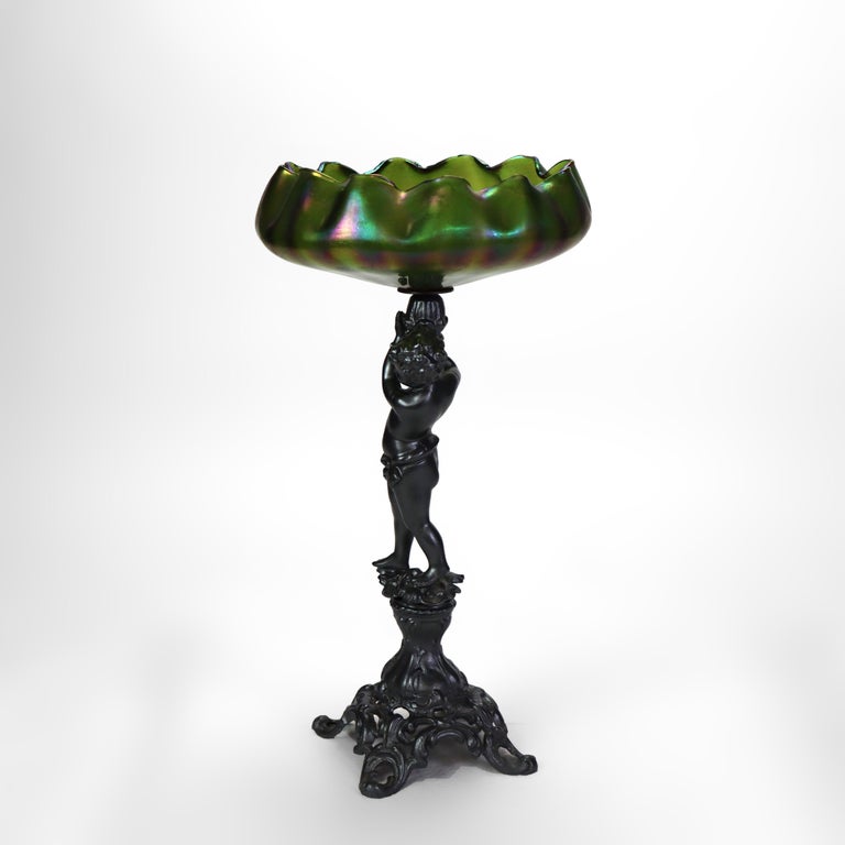 Antique Loetz Art Nouveau Compote With Iridescent Green Glass Bowl c1890