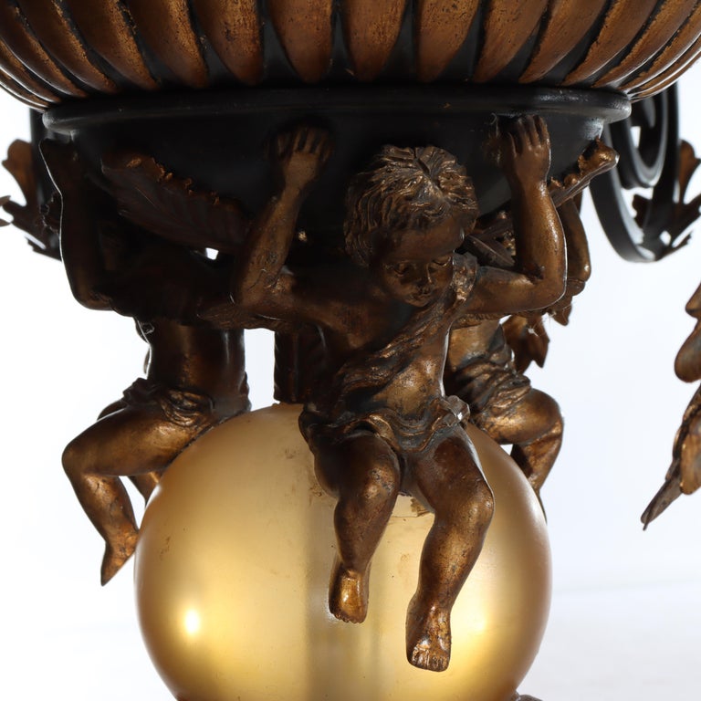 Vintage French Louis XIV Style Figural Cherub Gilt & Ebonized Chandelier c1940