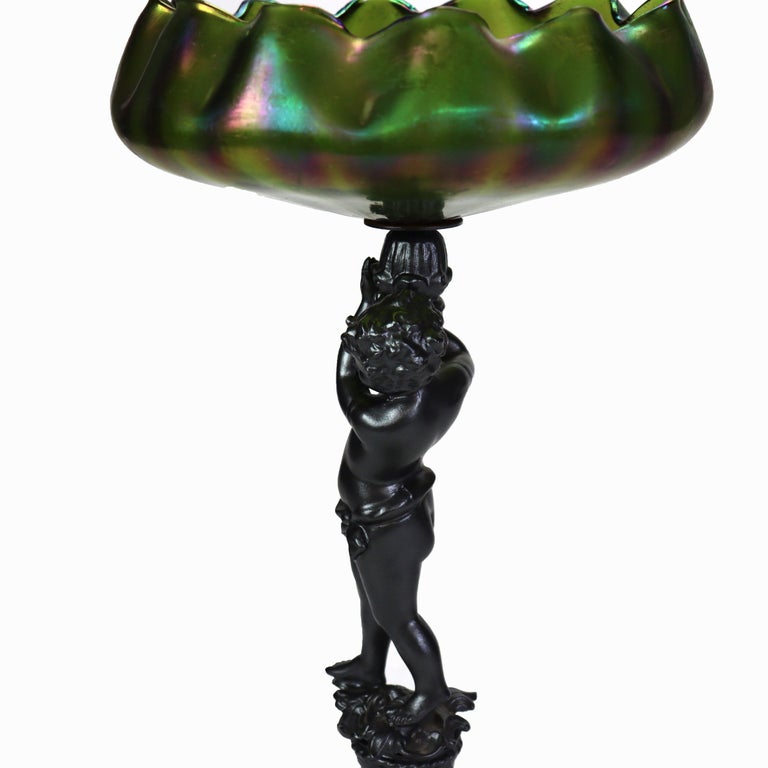 Antique Loetz Art Nouveau Compote With Iridescent Green Glass Bowl c1890