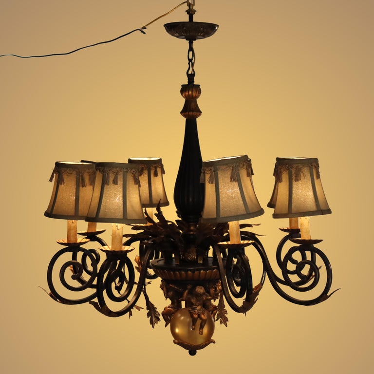 Vintage French Louis XIV Style Figural Cherub Gilt & Ebonized Chandelier c1940