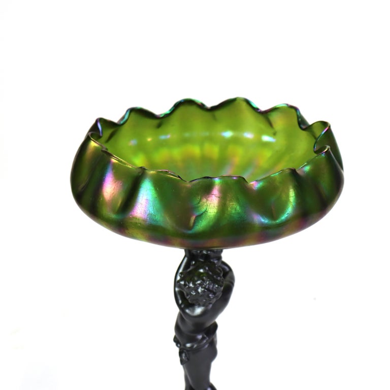 Antique Loetz Art Nouveau Compote With Iridescent Green Glass Bowl c1890