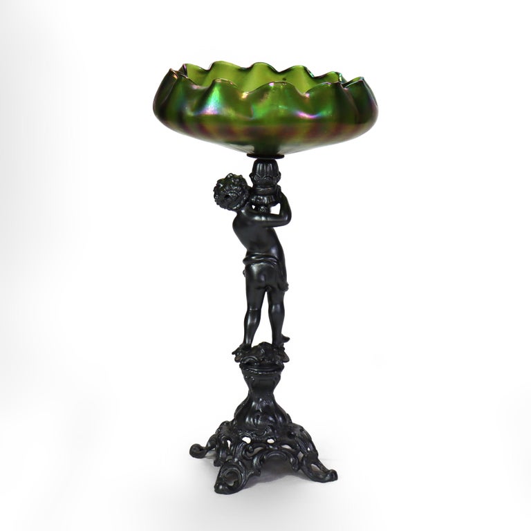 Antique Loetz Art Nouveau Compote With Iridescent Green Glass Bowl c1890