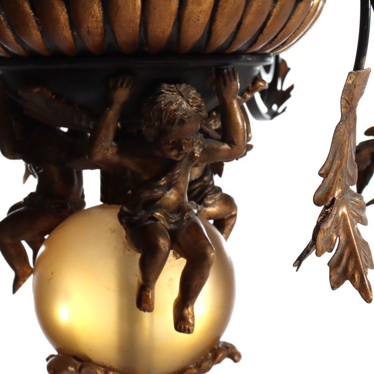Vintage French Louis XIV Style Figural Cherub Gilt & Ebonized Chandelier c1940