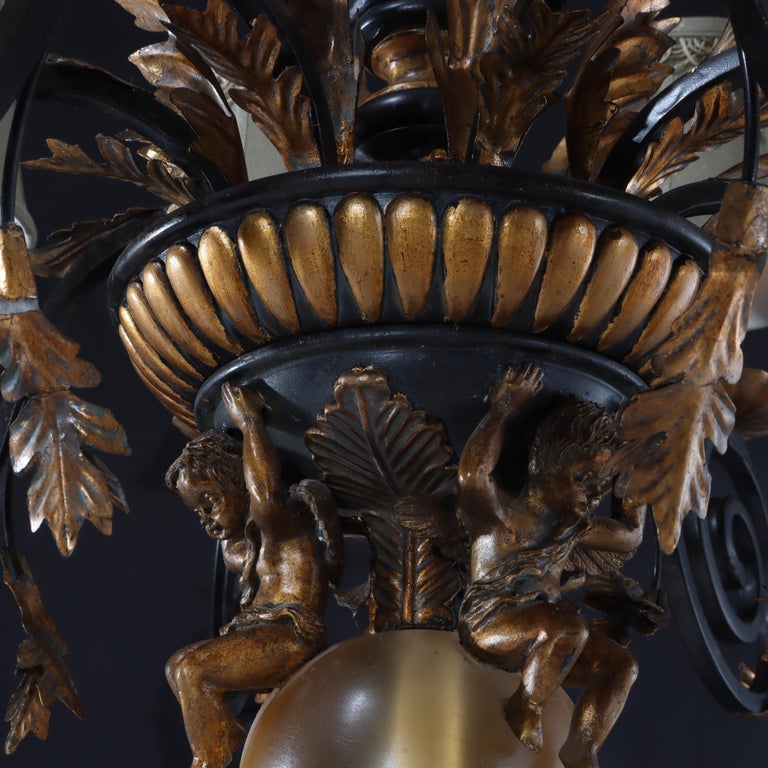 Vintage French Louis XIV Style Figural Cherub Gilt & Ebonized Chandelier c1940