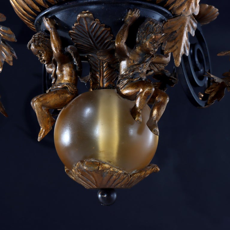 Vintage French Louis XIV Style Figural Cherub Gilt & Ebonized Chandelier c1940