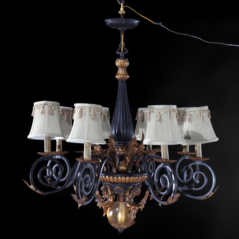 Vintage French Louis XIV Style Figural Cherub Gilt & Ebonized Chandelier c1940