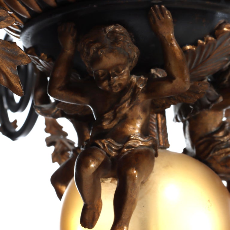 Vintage French Louis XIV Style Figural Cherub Gilt & Ebonized Chandelier c1940