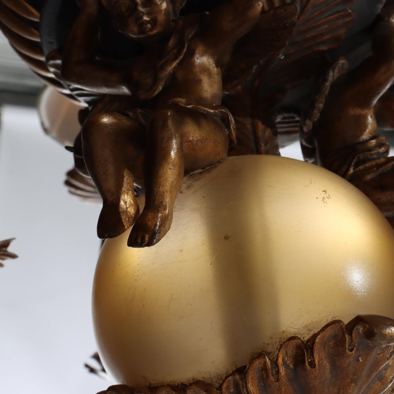 Vintage French Louis XIV Style Figural Cherub Gilt & Ebonized Chandelier c1940