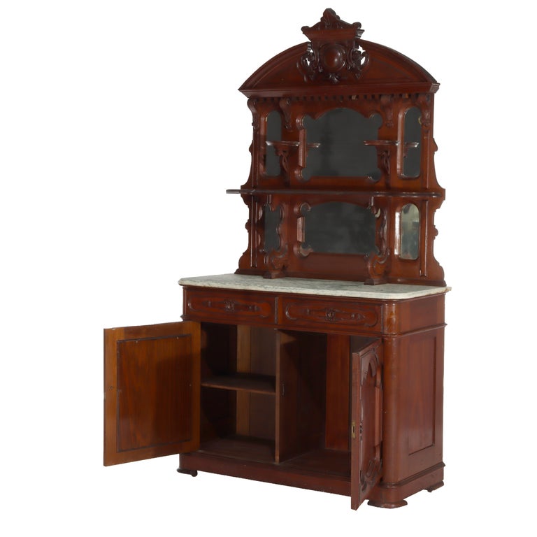 Large Antique Renaissance Revival Walnut, Burl & Marble Mirrored Sideboard c1890