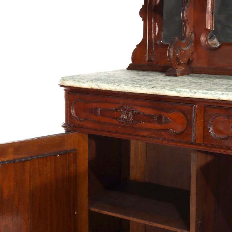 Large Antique Renaissance Revival Walnut, Burl & Marble Mirrored Sideboard c1890
