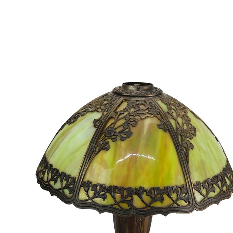 Antique Bradley & Hubbard School 6-Panel Slag Glass Lamp With Floral Motif c1920
