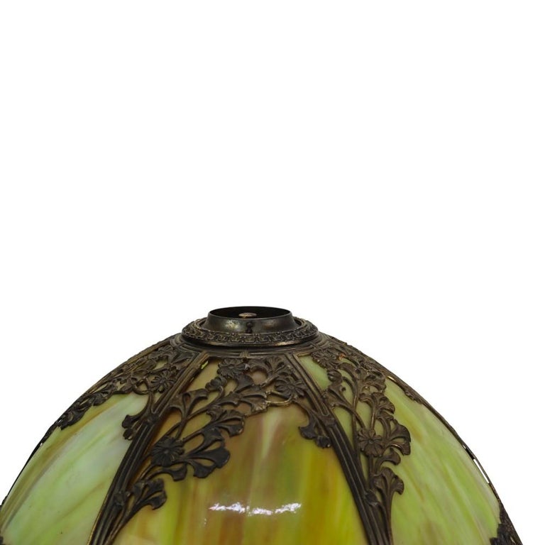 Antique Bradley & Hubbard School 6-Panel Slag Glass Lamp With Floral Motif c1920