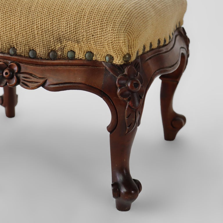 Antique Louis XIV Style Carved Walnut & Tapestry Footstool C1890