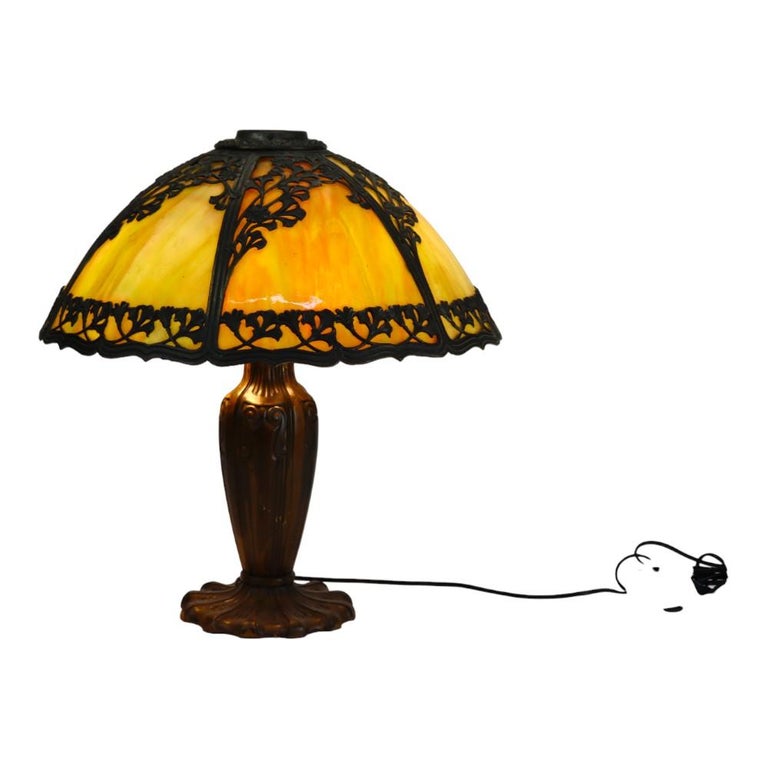 Antique Bradley & Hubbard School 6-Panel Slag Glass Lamp With Floral Motif c1920