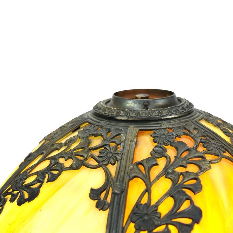 Antique Bradley & Hubbard School 6-Panel Slag Glass Lamp With Floral Motif c1920