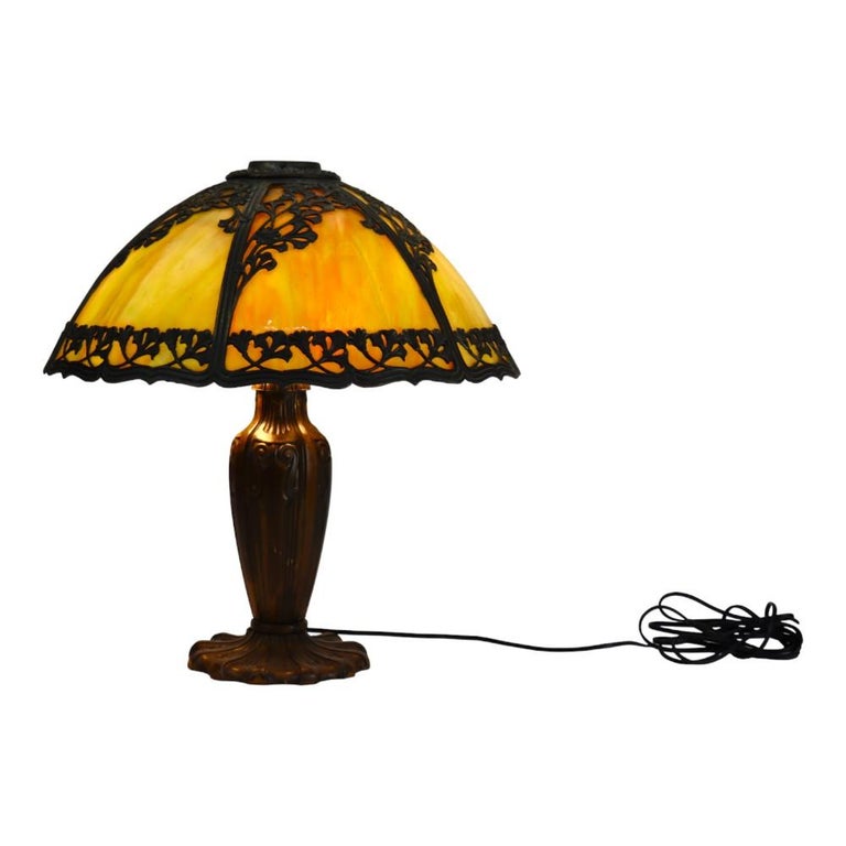 Antique Bradley & Hubbard School 6-Panel Slag Glass Lamp With Floral Motif c1920