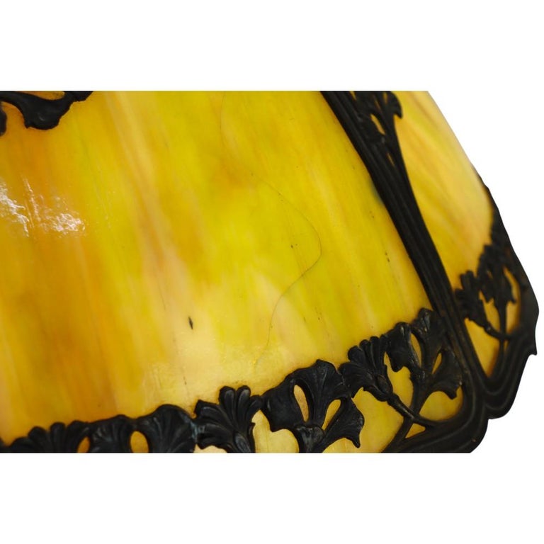 Antique Bradley & Hubbard School 6-Panel Slag Glass Lamp With Floral Motif c1920