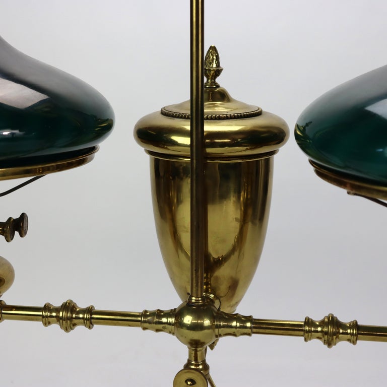 Antique Brass Double Student Lamp With Emerald Case Shades c1910