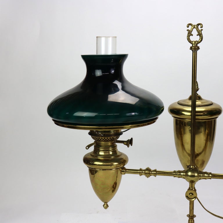 Antique Brass Double Student Lamp With Emerald Case Shades c1910
