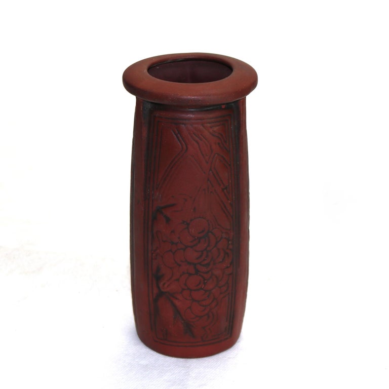 Antique Arts & Crafts Embossed Paneled Grape & Leaf Redware Pottery Vase c1920