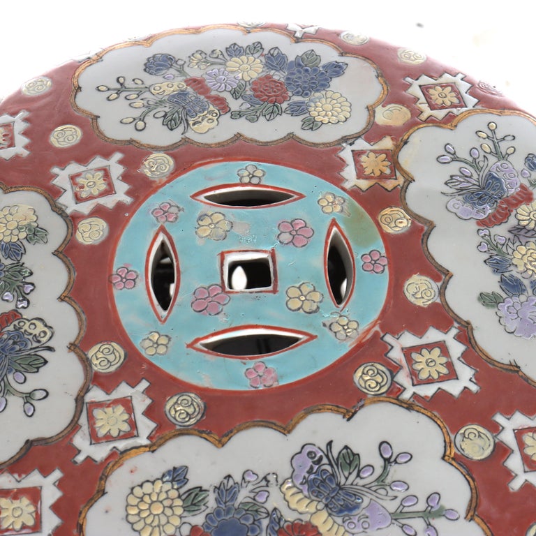 Vintage Chinese Floral & Genre Scene Pottery Garden Seat With Carved Wood Base