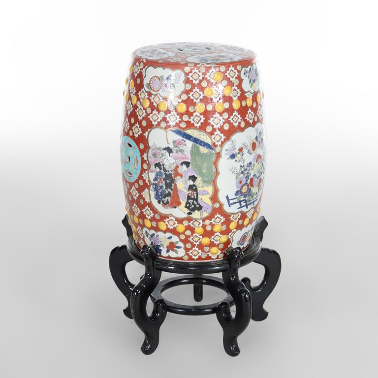 Vintage Chinese Floral & Genre Scene Pottery Garden Seat With Carved Wood Base