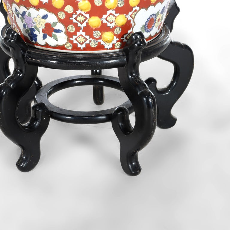 Vintage Chinese Floral & Genre Scene Pottery Garden Seat With Carved Wood Base