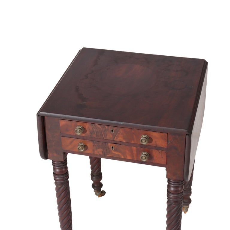 Antique Sheraton Flame Mahogany 2 Drawer Drop Leaf Work Table c1830