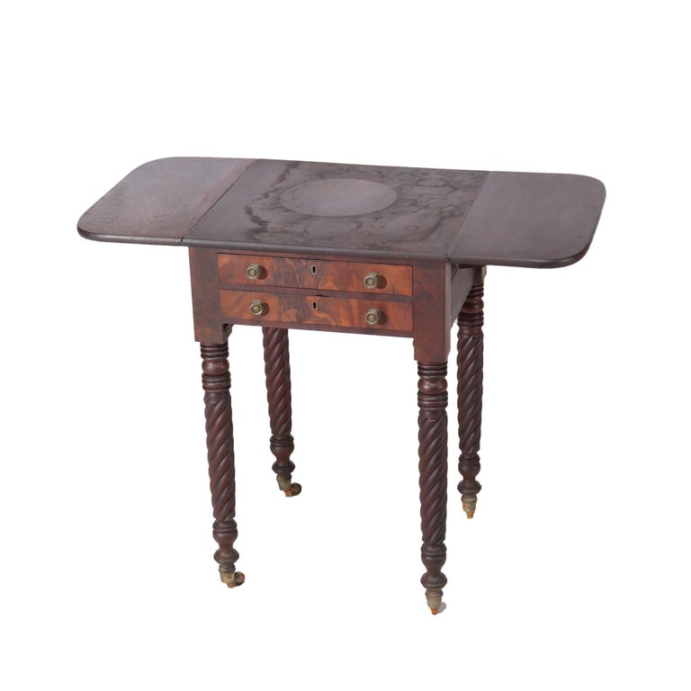 Antique Sheraton Flame Mahogany 2 Drawer Drop Leaf Work Table c1830