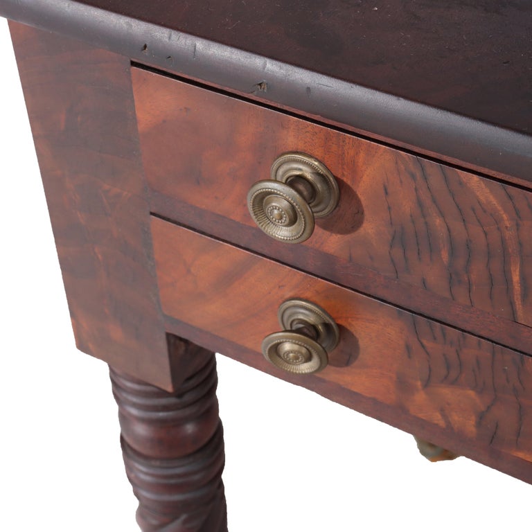 Antique Sheraton Flame Mahogany 2 Drawer Drop Leaf Work Table c1830