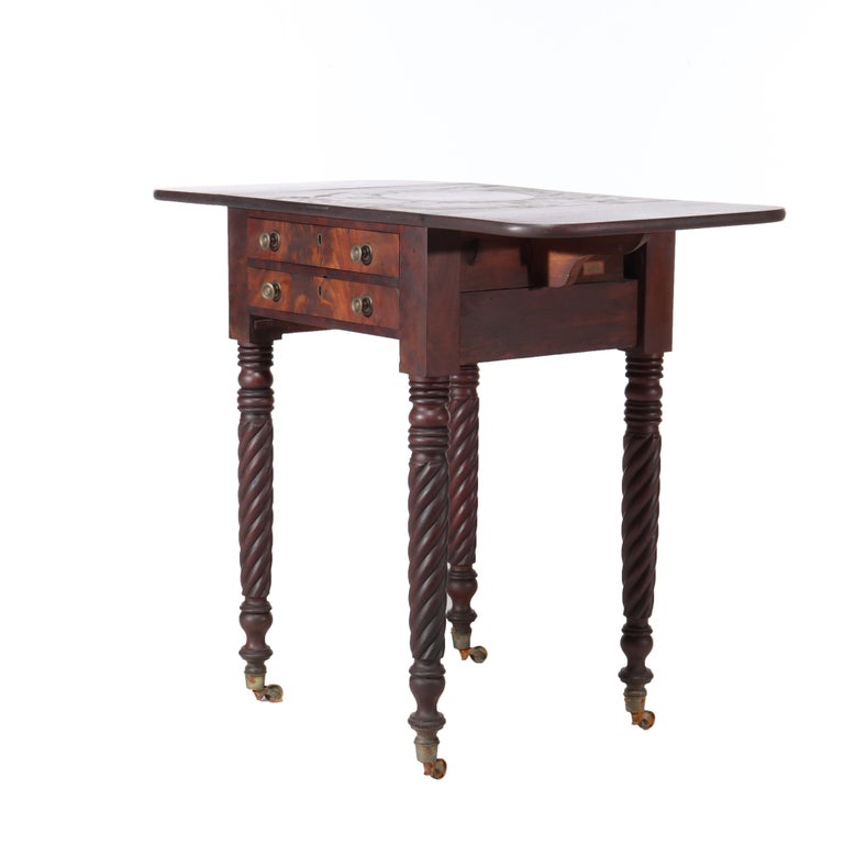 Antique Sheraton Flame Mahogany 2 Drawer Drop Leaf Work Table c1830