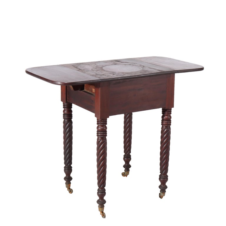 Antique Sheraton Flame Mahogany 2 Drawer Drop Leaf Work Table c1830
