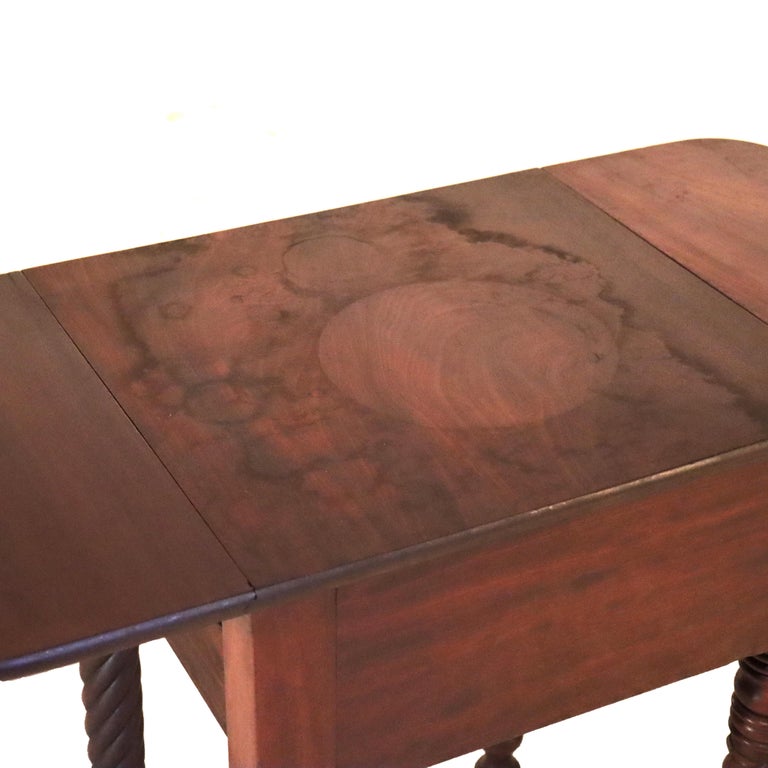 Antique Sheraton Flame Mahogany 2 Drawer Drop Leaf Work Table c1830