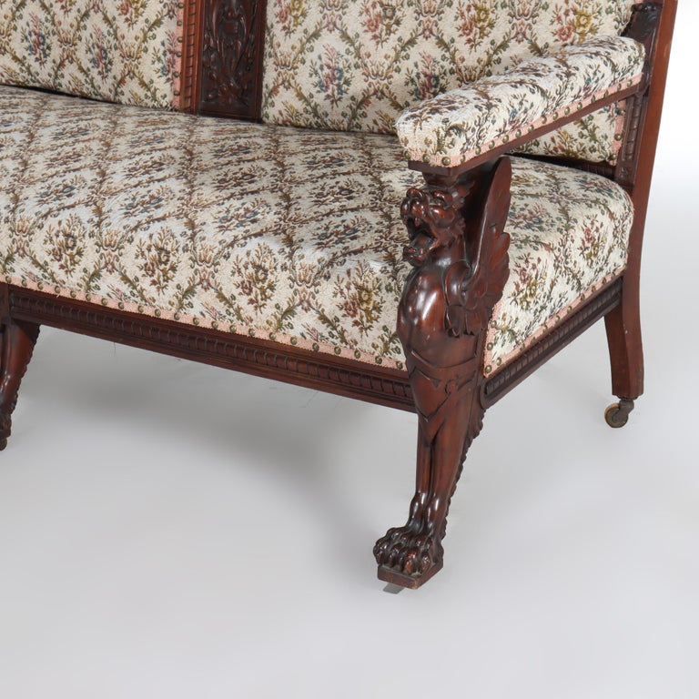 Antique Horner Figural Carved Mahogany Splayed Leg Tapestry & Griffin Sofa c1900
