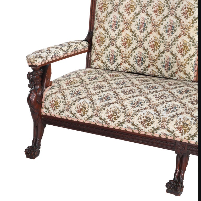 Antique Horner Figural Carved Mahogany Splayed Leg Tapestry & Griffin Sofa c1900