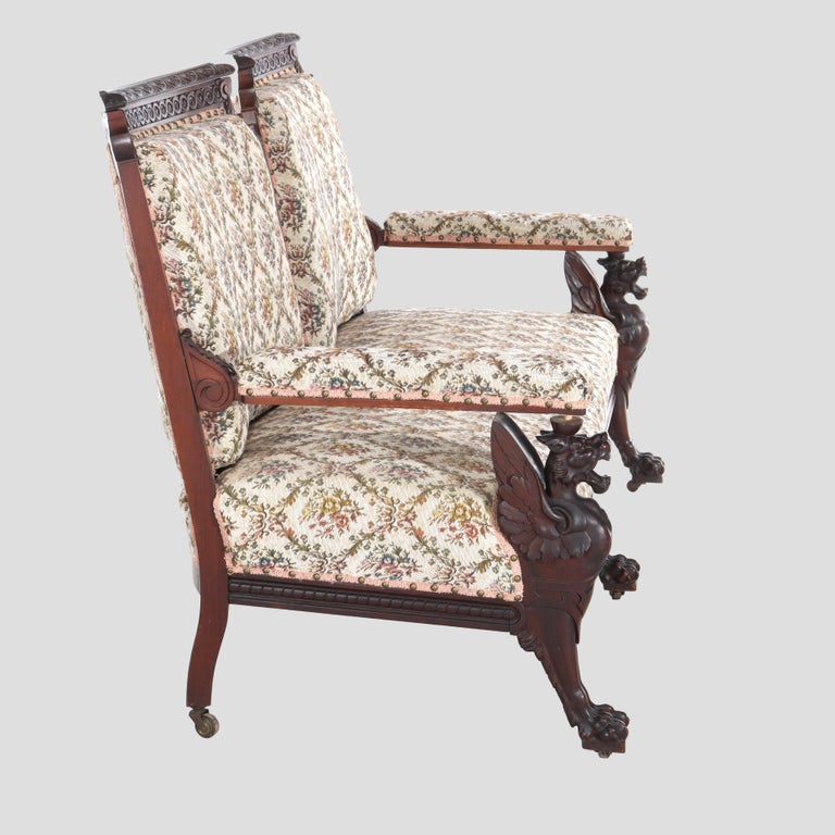 Antique Horner Figural Carved Mahogany Splayed Leg Tapestry & Griffin Sofa c1900