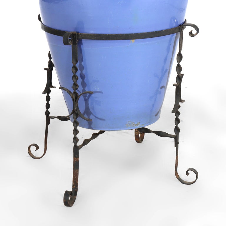 Monumental Antique Arts & Crafts Pottery Oil Jar With Wrought Iron Stand c1920