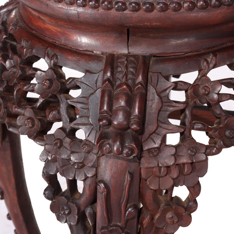 Antique Chinese Carved Bamboo Form Hardwood Marble Top Table c1920