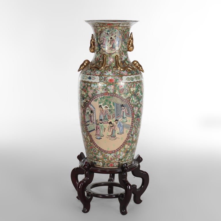 Monumental Vintage Chinese Rose Medallion Vase With Carved Hardwood Base 20thC