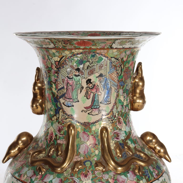 Monumental Vintage Chinese Rose Medallion Vase With Carved Hardwood Base 20thC