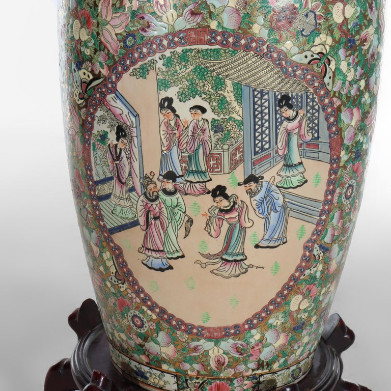 Monumental Vintage Chinese Rose Medallion Vase With Carved Hardwood Base 20thC